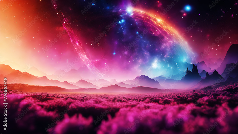 Design an abstract background reminiscent of a cosmic journey through time and space, featuring ethereal gradients, starbursts, and nebulous forms that evoke a sense of wonder and exploration