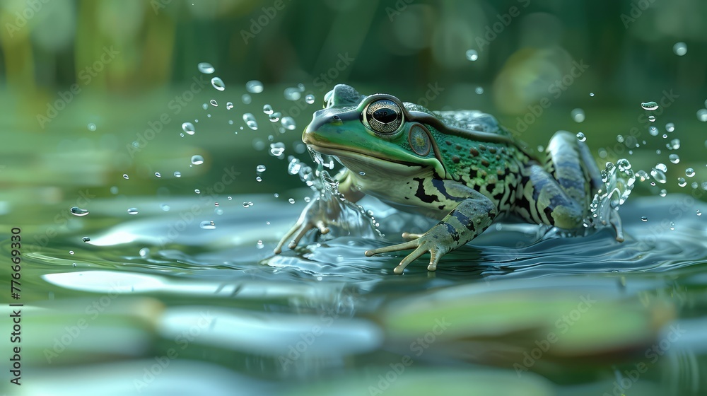 Frog Leaping from Lily Pad, Capture the dynamic movement of a frog as it leaps from one lily pad to another, showcasing its agility and grace in the water Frog Leaping from Lily Pad, Capture the dynamic movement of a frog as it leaps from one lily pad to another, showcasing its agility and grace in the water