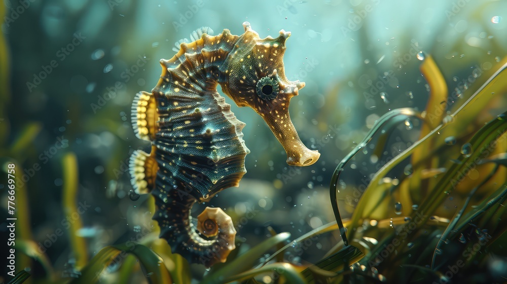Seahorse Clinging to Seaweed, Capture the delicate grace of a seahorse as it clings to swaying seaweed, blending seamlessly into its underwater habitat