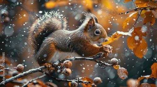 Squirrel Gathering Nuts, Freeze the energetic movements of a squirrel as it scampers across tree branches, gathering nuts for the winter