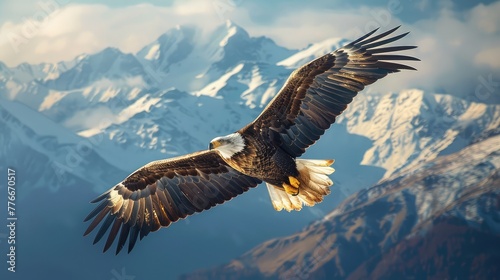 Eagle Soaring in the Sky, Photograph an eagle soaring high above the mountains, wings outstretched against the vast expanse of the sky © jamrut