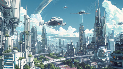 A futuristic cityscape with many buildings and flying vehicles