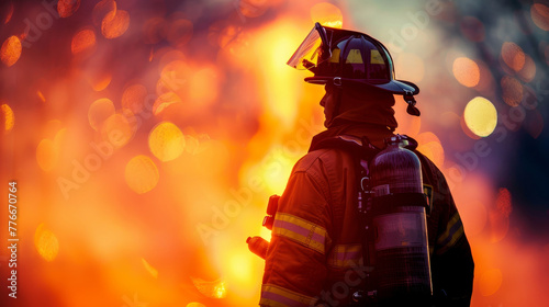 A firefighter stands in front of a fire, wearing a helmet and a jacket