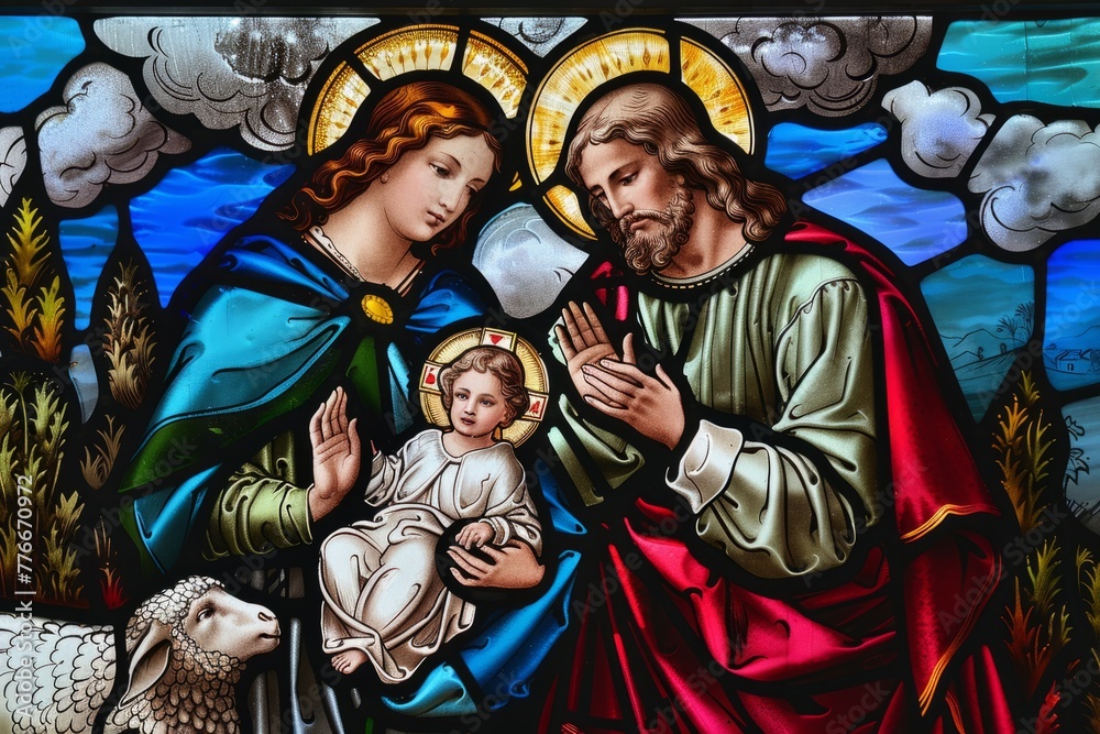 stained glass window in a church that shows the birth of jesus with maria and joseph.