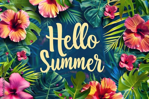 Colorful summer concept with "Hello Summer" text surrounded by vibrant tropical flowers