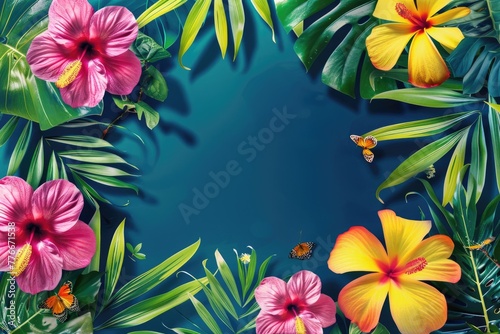 Vibrant tropical floral border with hibiscus and frangipani flowers surrounded by lush greenery and fluttering butterflies