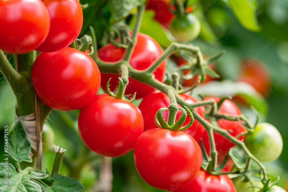 Ripe tomatoes on the vine in an organic farm