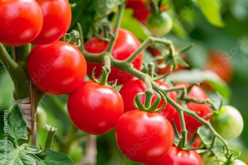 Ripe tomatoes on the vine in an organic farm