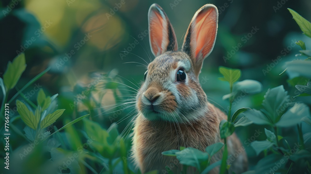 Fototapeta premium Rabbit Innocent , Photograph a rabbit with its ears perked up, portraying its curious and innocent demeanor as it explores its environment