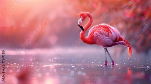 Flamingo s Graceful Pose  Freeze a flamingo in its iconic one-legged pose  standing tall in shallow water against a backdrop of pink hues