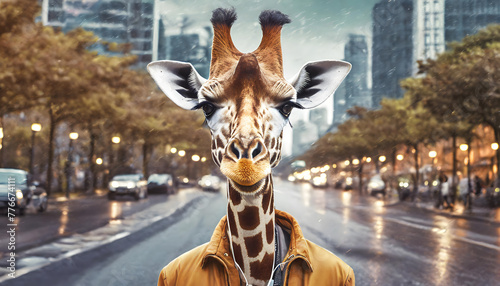 Curious giraffe exploring the urban environment in the rain  © TatoSievers