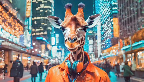 Giraffe wandering in the city night with vibrant headphones	 photo