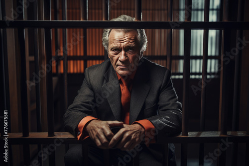 Excecutive Businessman and politician corrupt oldman prisoner in orange uniform holds hands on metal bars, looking at camera. Standing, sitting behind prison / jail / prison bars. photo