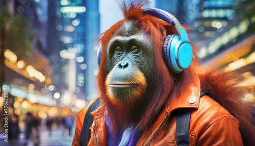 Orangutan with headphones strolling in a bustling city listening music on a neon-lit street 