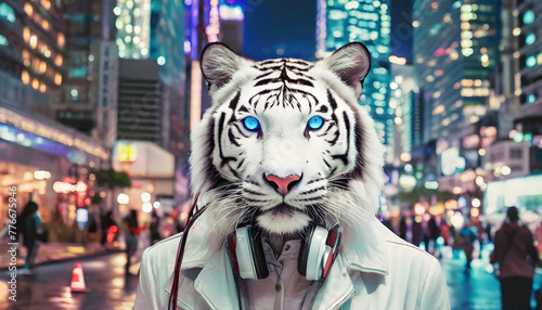 Blue-eyed white tiger with trendy style in illuminated cityscape  © TatoSievers