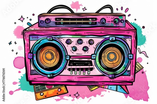 Cartoon cute doodles of a retro boombox with colorful speakers and cassette tapes, Generative AI