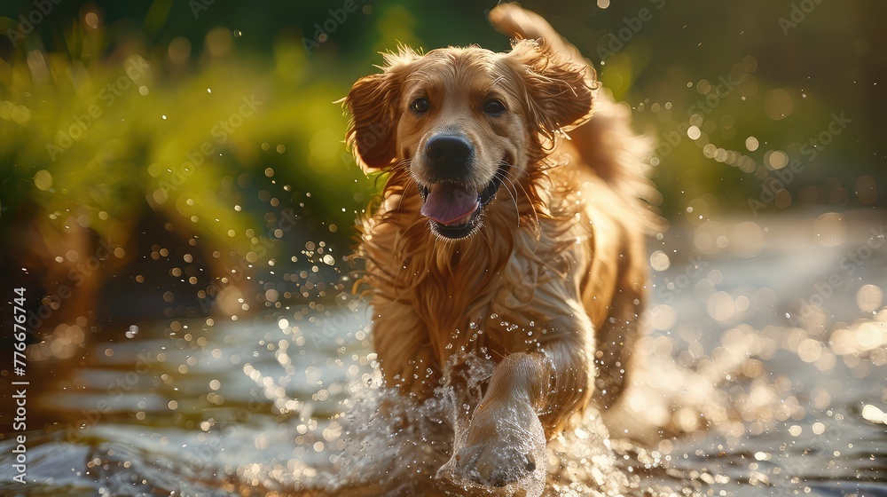 Playful Dog Frolicking in Nature, Freeze the joyful moment of a dog running through a field or splashing in a stream, radiating happiness and freedom