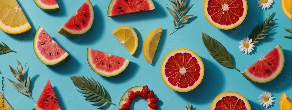 Trendy sunlight Summer pattern made with various summer things on bright light blue background, Minimal summer vacation concept Trendy sunlight Summer pattern made with various summer things on bright light blue background, Minimal summer vacation concept