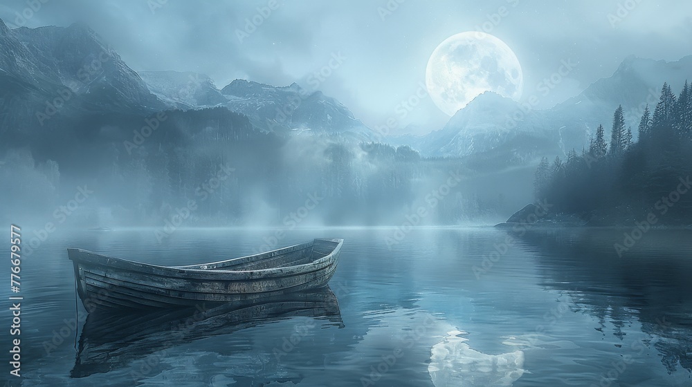 Tranquil Night Scene with a Wooden Boat on a Misty Lake Under Moonlight - obrazy, fototapety, plakaty 