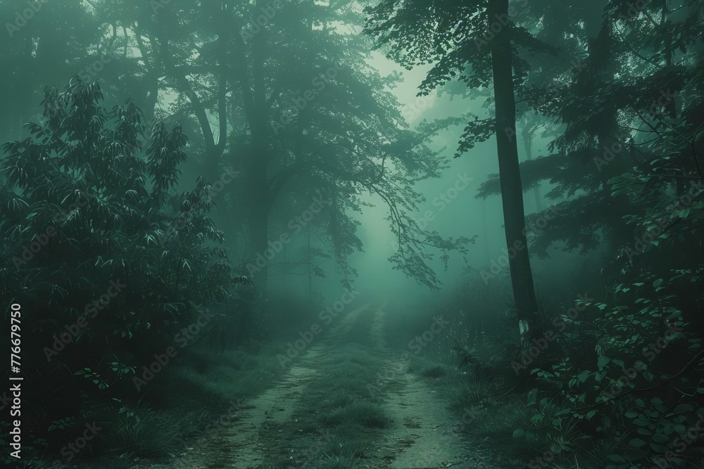 Enchanting dark green forest path shrouded in fog, magical fantasy landscape - obrazy, fototapety, plakaty 