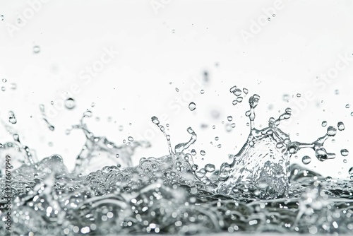 Dynamic water splashes and droplets isolated on white, abstract liquid background