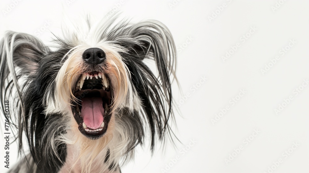 Cute Chinese Crested dog puppy yawning isolated on white background, funny animal portrait on white with copy space.