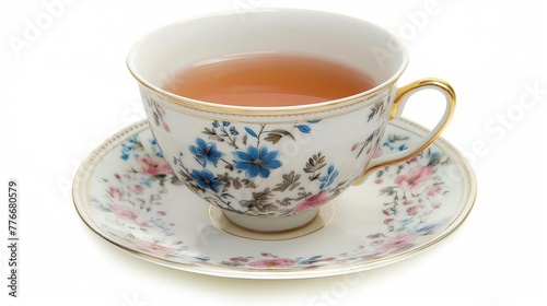 English teacup with saucer isolated on white background, White porcelain cup and saucer with English tea in on a white background