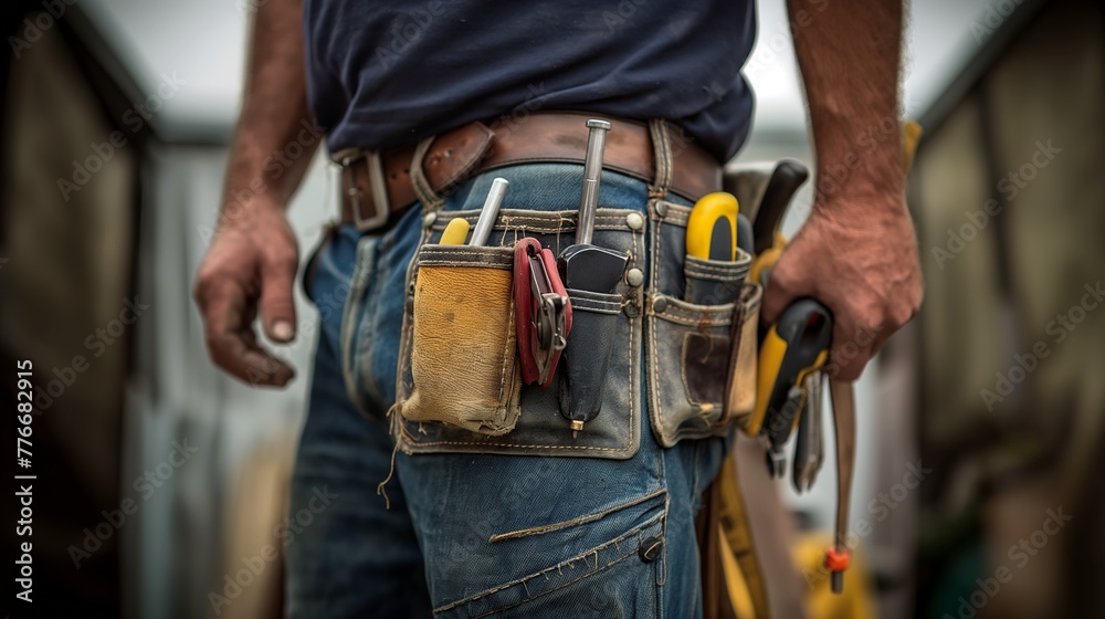 Prepared for Action, Maintenance Worker Equipped with Tool Kit and Bag Worn on Waist. Prepared for Action, Maintenance Worker Equipped with Tool Kit and Bag Worn on Waist.