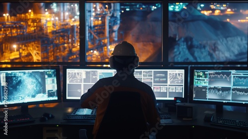 Mining Control Room: Engineer Monitoring Operations and Ensuring Safety