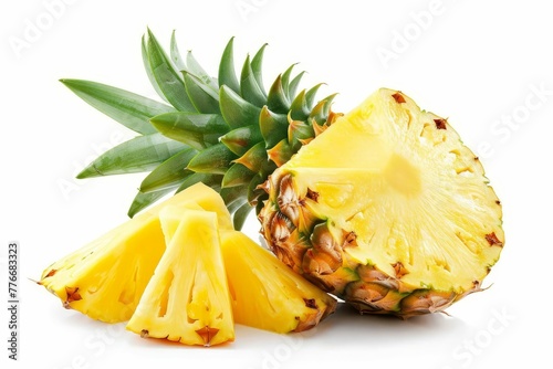 Fresh whole pineapple and sliced piece isolated on white background, tropical fruit