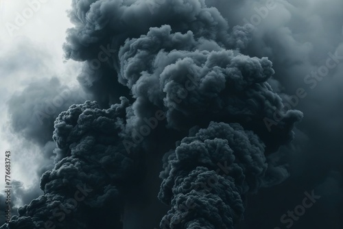 Ominous black smoke cloud rising after a devastating fire, disaster aftermath concept © Lucija