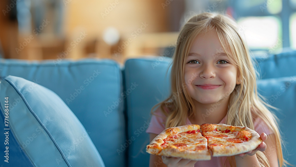 Hungry girl with pizza, happy at home, close up