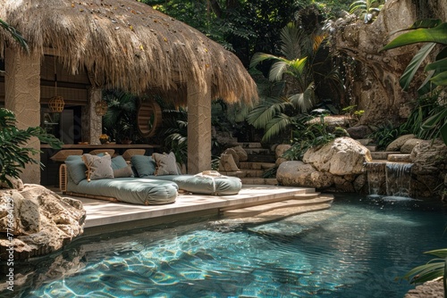 A tranquil poolside lounging area with a thatched-roof cabana and lush tropical foliage.