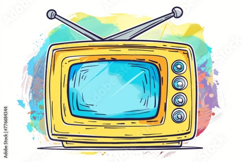 Cartoon cute doodles of an old-school television set with colorful knobs and antennas, Generative AI