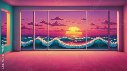 Escaping reality in a surreal empty pink retrowave room with a large window view of turbulent ocean waves with a beautiful golden hour sunset.