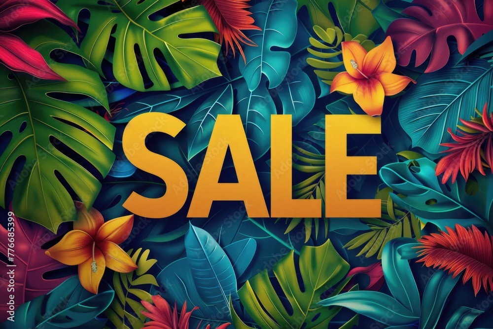 Fototapeta premium SALE text overlaying a lush tropical scene with bold foliage and florals offering a vibrant visual