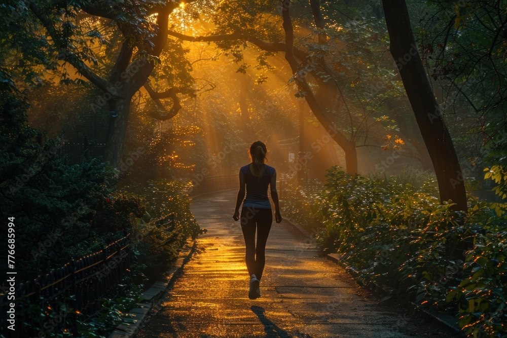 Fototapeta premium A female jogger enjoys a peaceful run through a sunlit park with autumn leaves.
