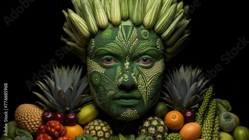 Fruits and Vegetables in the Shape of a Mask on a Black Background generativa IA