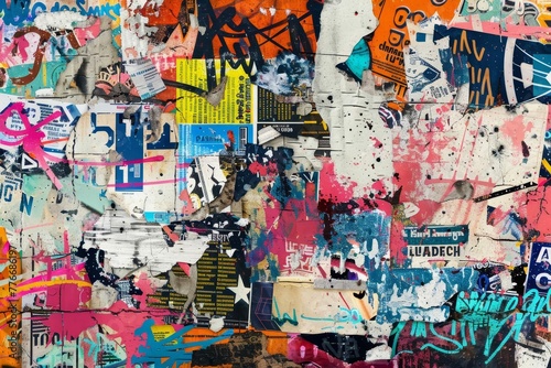 Abstract backdrop with collage of old torn posters  grungy urban background with colorful graffiti  digital illustration