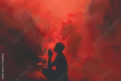 Young devout man deep in prayer, red smoke background symbolizing divine presence, spiritual concept illustration