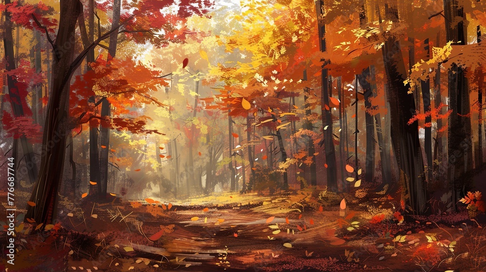 Naklejka premium A forest in autumn, with leaves falling, using brisk strokes and a vibrant palette to convey the energy and transition of the season. Emphasize an impressionistic style