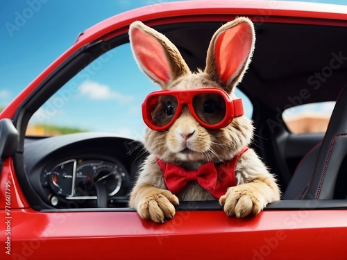 Easter bunny with goggles in a racing red car  easter funny concept.