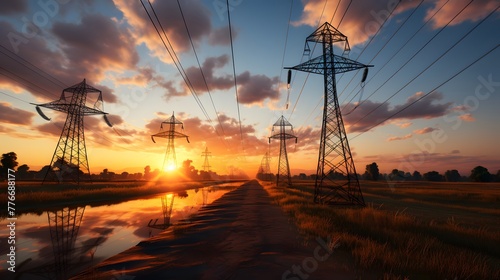 High-voltage electric towers stand side by side in the silhouette background at sunset.