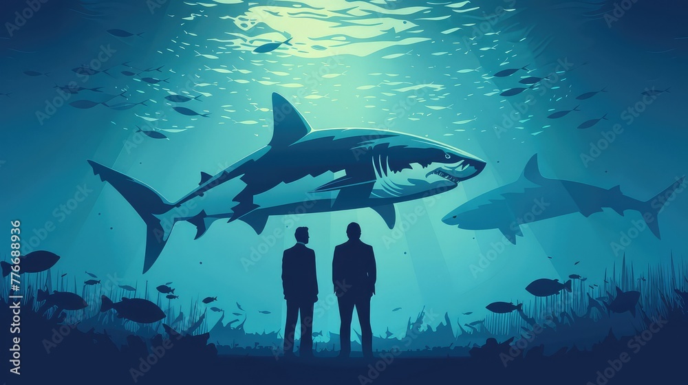 Shark Business Strategy, Powerful illustrations featuring sharks to represent strategic thinking, competitiveness, and business acumen