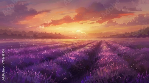 A gentle sunrise over a lavender field  with the morning mist slowly lifting to reveal the rich hues of purples and greens