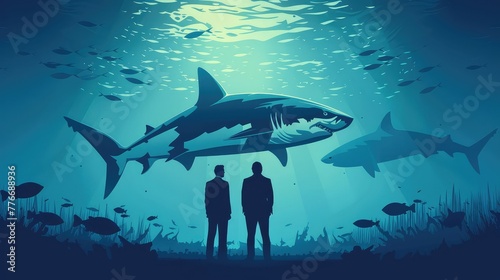 Shark Business Strategy, Powerful illustrations featuring sharks to represent strategic thinking, competitiveness, and business acumen