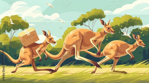 Kangaroo Delivery Services  Dynamic illustrations depicting kangaroos delivering packages or mail  symbolizing speed  efficiency  and reliability