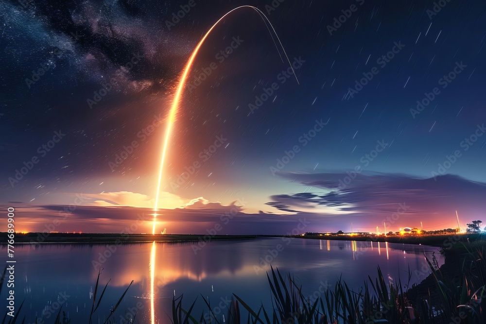 Majestic night view of a space shuttle launch from Earth, the planet's spaceport