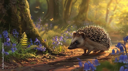 A hedgehog ambling along a forest path lined with bluebells and ferns, the light of the setting sun creating a serene backdrop. Emphasize an impressionistic style