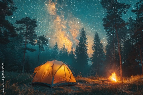 Illuminated tent under a starry night sky with Milky Way, campfire, and pine trees in the foreground.
